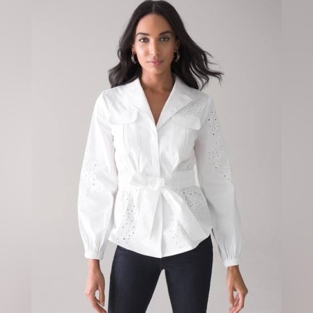 WHBM XL white Eyelet Poplin Tie Front shacket - Picture 2 of 9